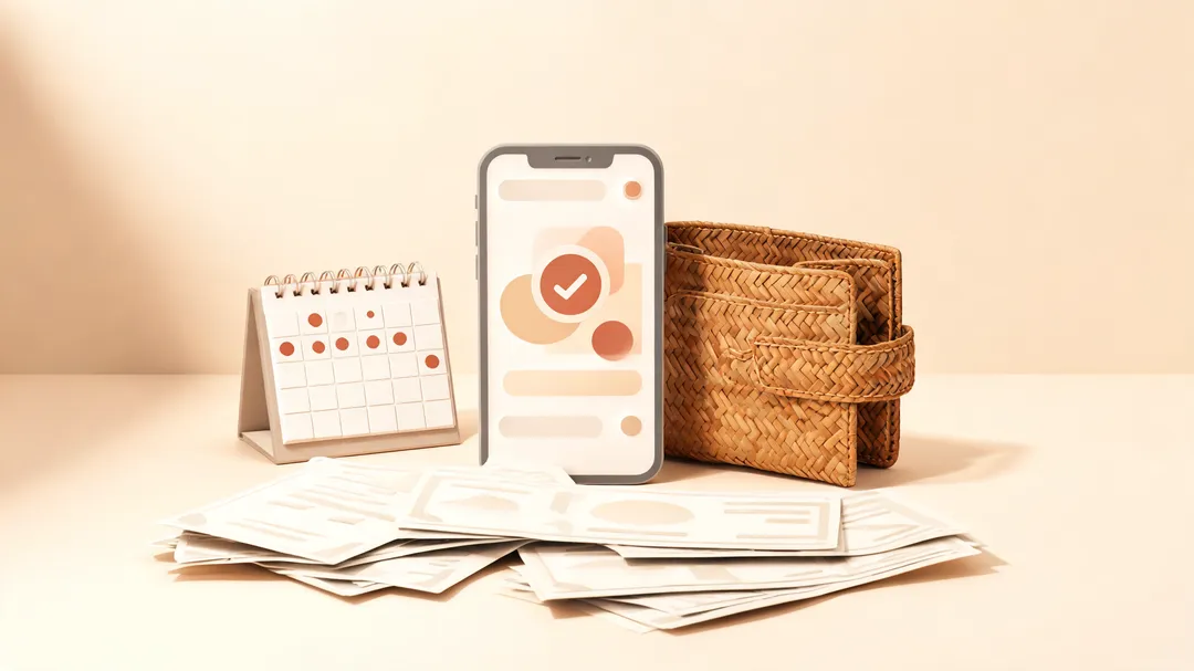 Clean editorial illustration of layered monthly bills, smart