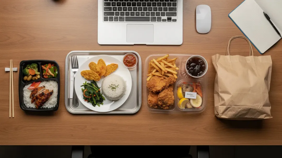 Karyawan sibuk memesan makan siang lewat aplikasi di meja kerja