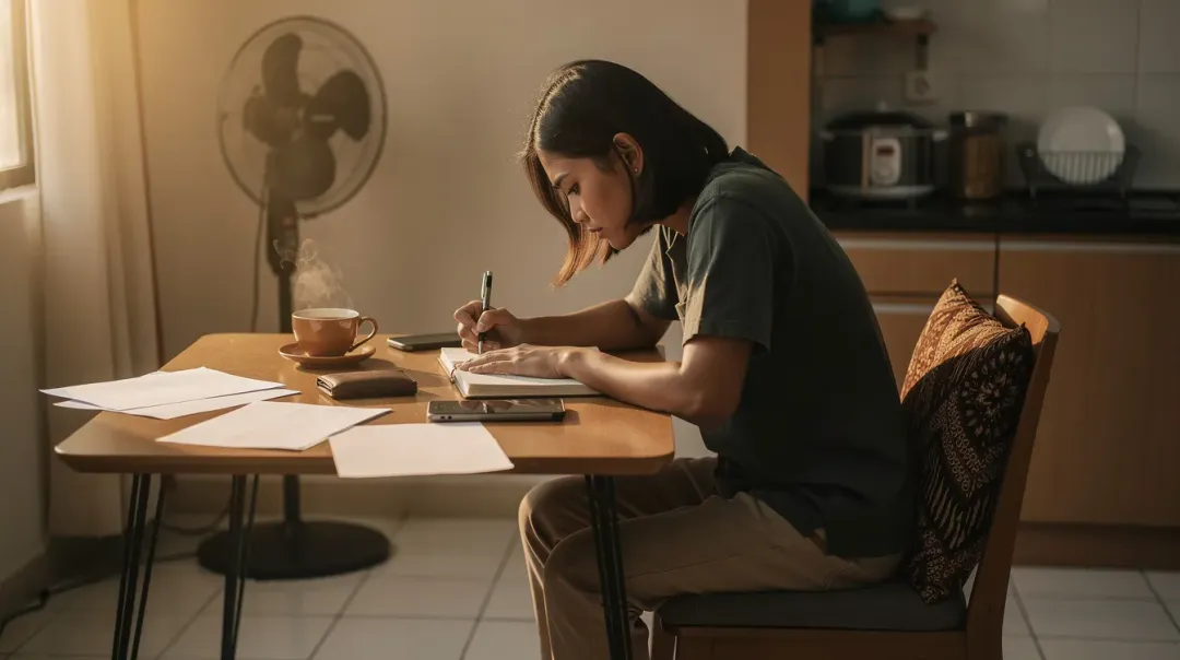 Seseorang mengecek mutasi rekening di ponsel dengan ekspresi tegang