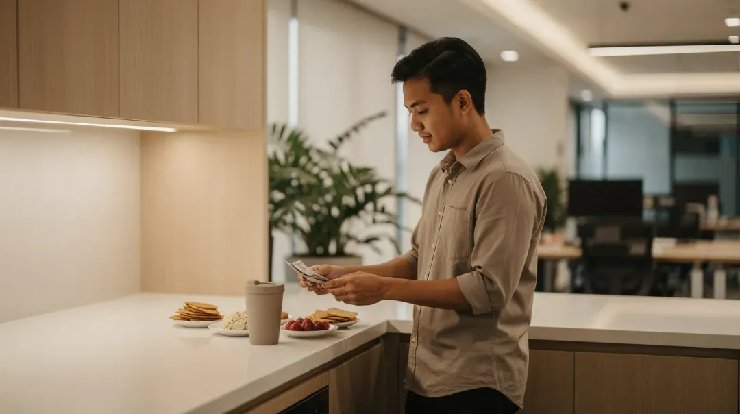 Tampilan layar ponsel menunjukkan grafik pengeluaran bulanan yang didominasi warna merah untuk kategori makanan