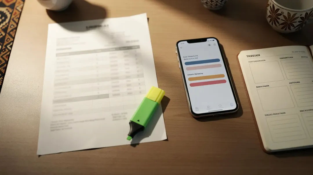 Tabel audit pengeluaran e-wallet harian di layar ponsel